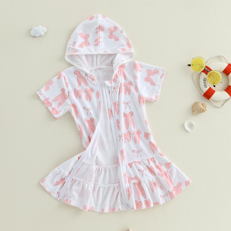 Baby Girls Swim Cover Up Dress Short Sleeve Zip Up Hooded Bathing Suit Coverup Wraps Rufled Kids Pool Beach Robe Cover-Ups