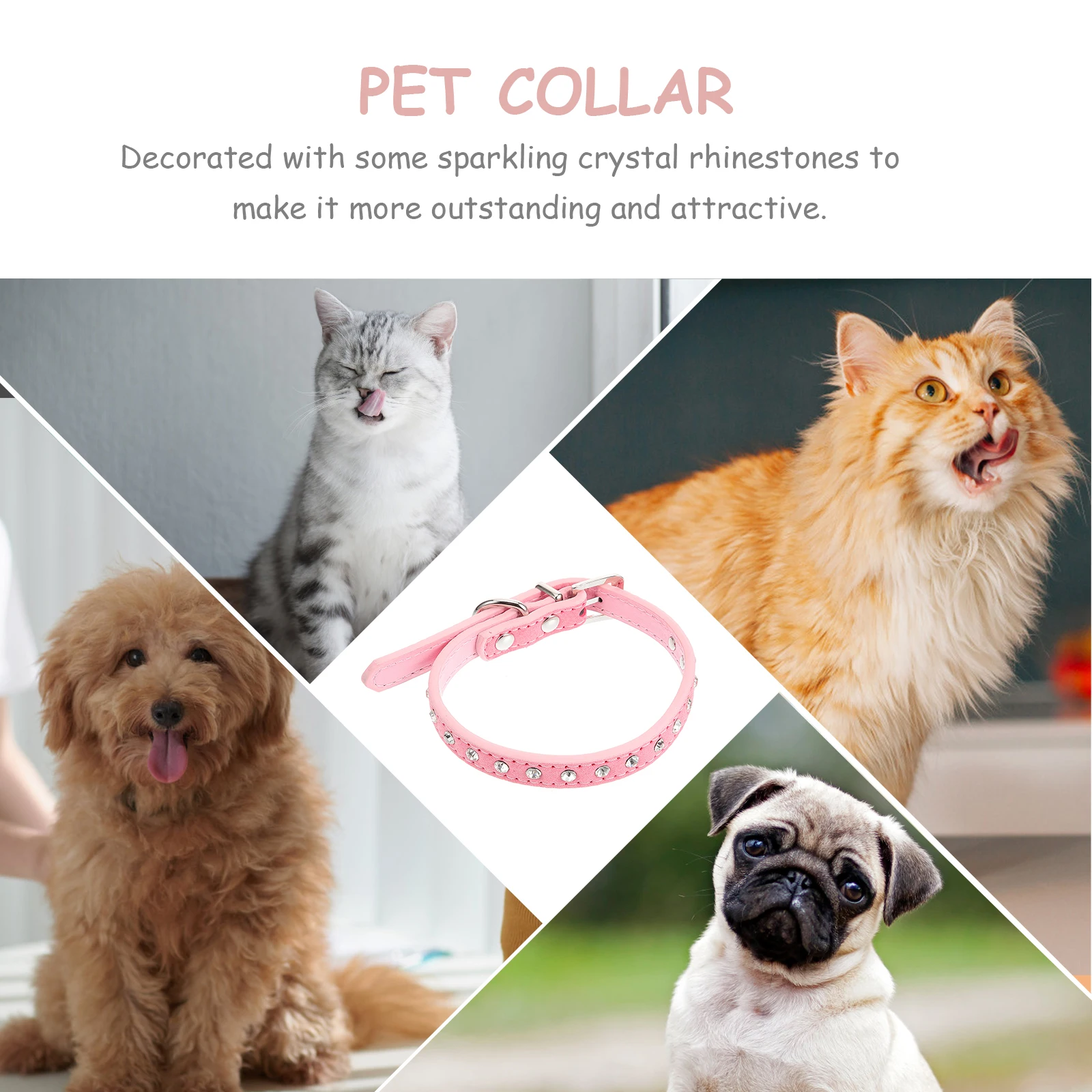 

Durable Pu Pink Rhinestone Pet Collar Adjustable Dog Cat Puppy Safety Necklace Alloy Buckle D Ring Sparkling Crystal