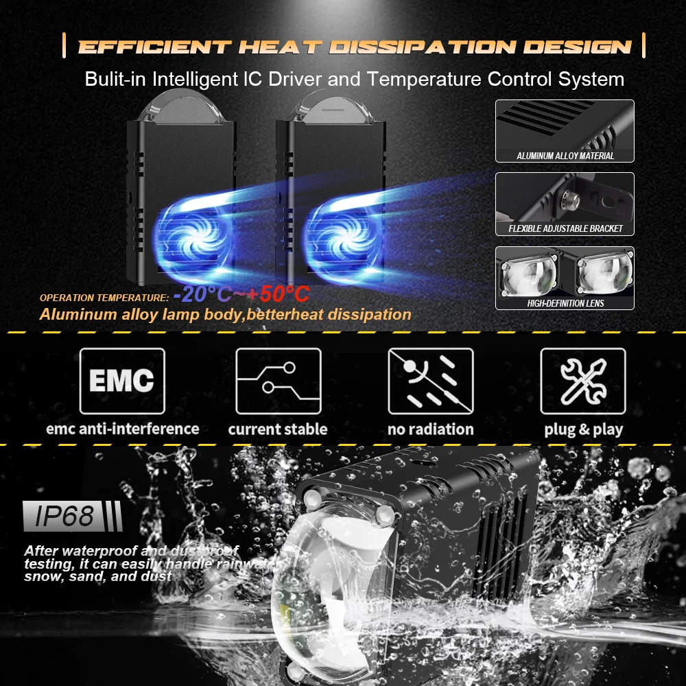 50W Motorcycle Auxiliary 2.5Inch LED Headlight Mini Driving Fog Light Dual Color Spotlights Motorbike Truck Trailer off-road 12V