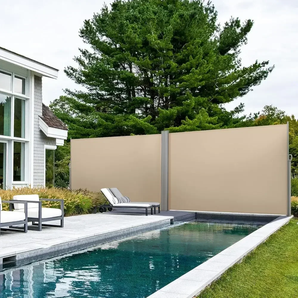 236 x 71in Retractable Side Awning with 280g/m² Polyester, Waterproof & UV-Resistant for Patio, Courtyard, or Terrace - Beige