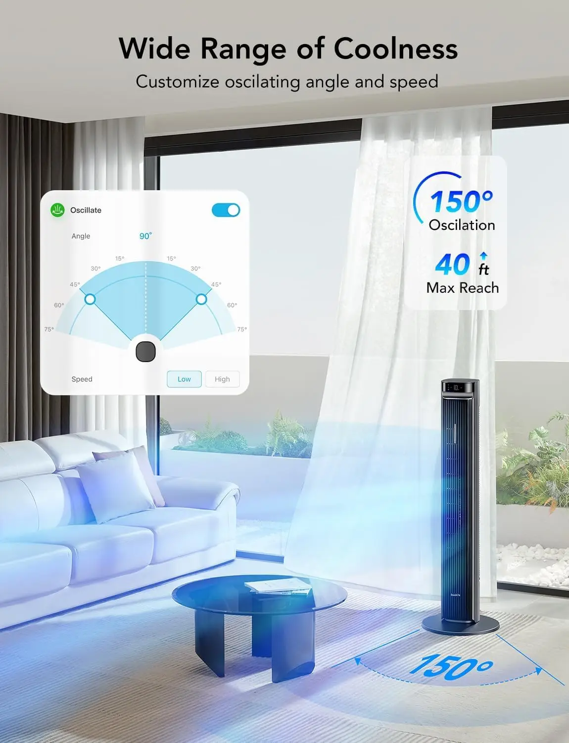 42 Inch Tower Fan 150 Degree Oscillation 5 Modes 12 Speeds Silver Smart Floor Fans Bedroom 26ft s APP Voice Control 24H Timer 27