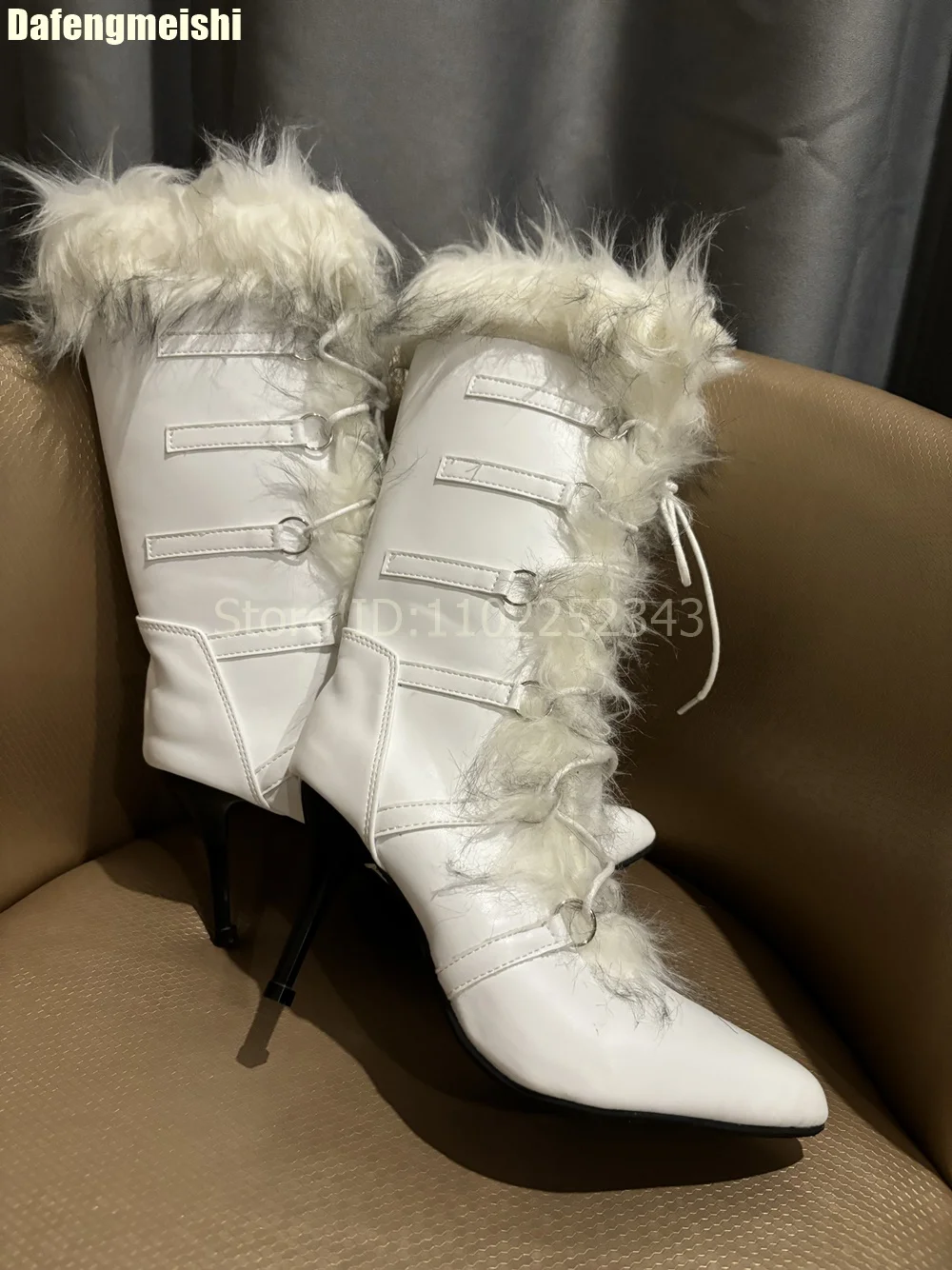 

Женские сапоги до колена с меховыми перекрестными ремешками, белые кожаные модные пикантные высокие сапоги на шпильке с острым носком, зимние сапоги на шнуровке, большой размер