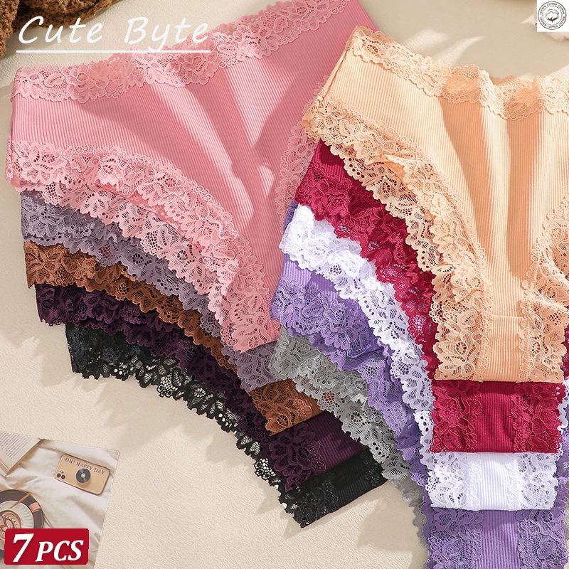 

Комплект из 7 шт. женских сексуальных кружевных трусиков: хлопковые бесшовные бразильские трусики с низкой посадкой, мягкое нижнее белье, модные кружевные трусы с пэчворком