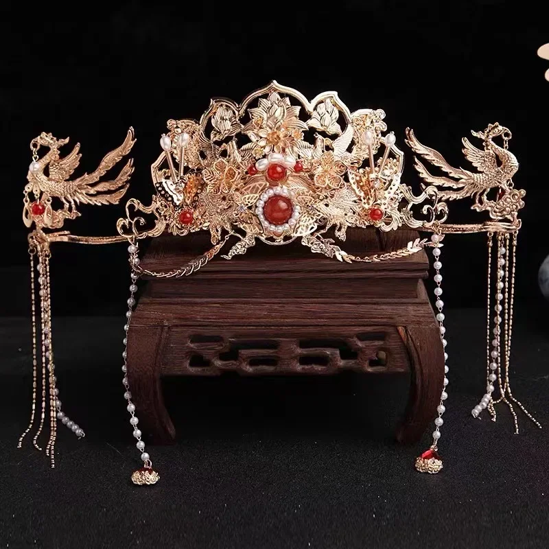 Frauen vergoldet Phoenix lange Quaste Haar Krone Haarnadel Set Hanfu Kopfschmuck