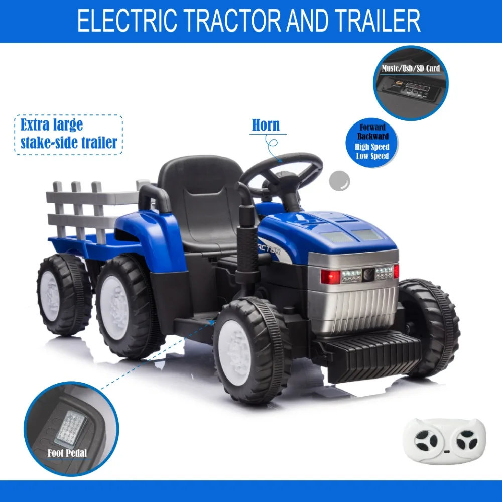 12V7AH Battery-Powered Toy Tractor with Trailer, Remote Control, Kids' Electric Excavator Vehicles with Dual Motor, Treaded Tire