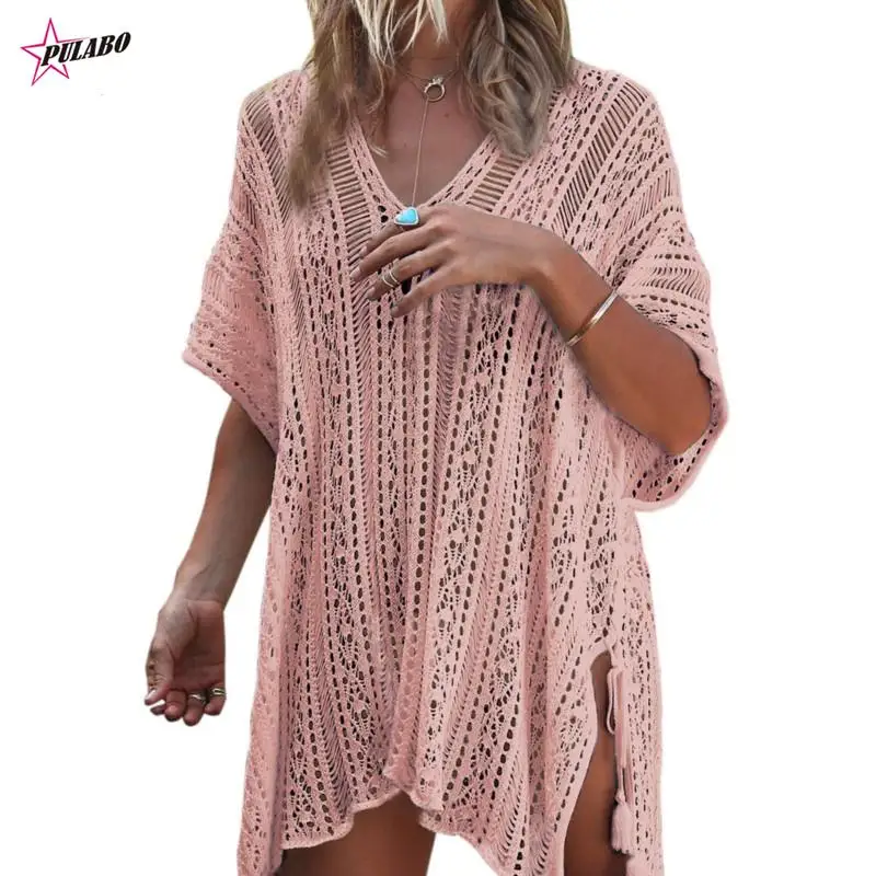 Vrouwen gebreide zonnebrandcrème blouse causale zomerjurk bikini badpak badmode v-hals kant losse trui blouse strand cover-up