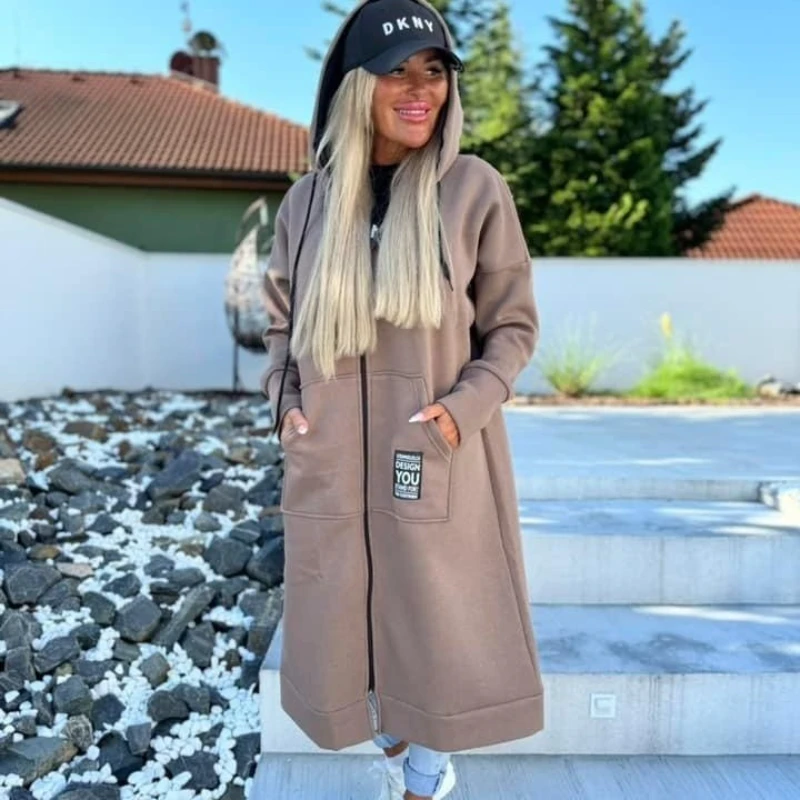 

Новое женское элегантное длинное пальто на осень и зиму 2025 года, теплое и плотное однотонное пальто с капюшоном и бархатным карманом, ветровка