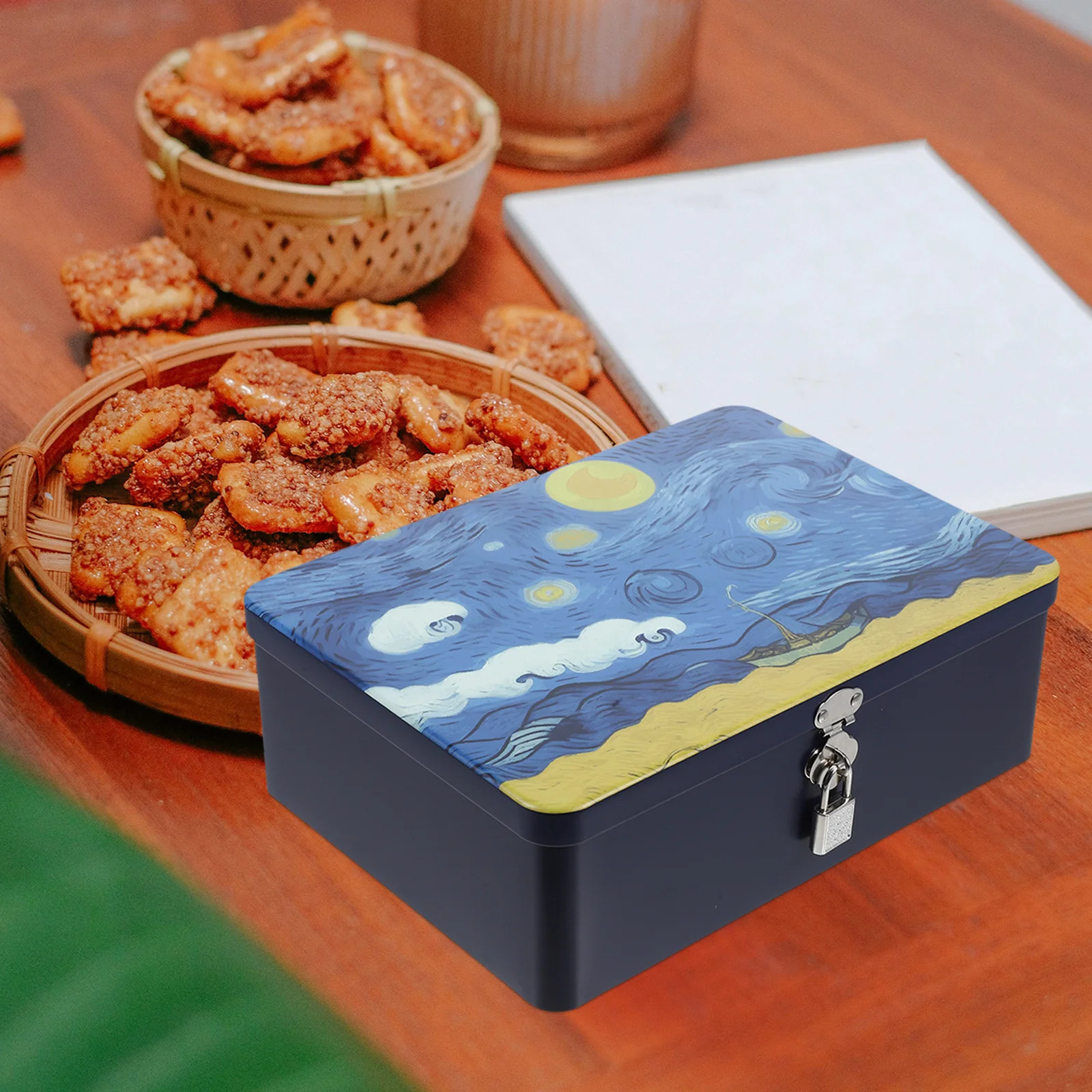 1 قطعة صندوق تخزين السماء خمر معدن القصدير مع قفل محكم كوكي حاوية الحلوى المطبخ علبة الزخرفية المحمولة