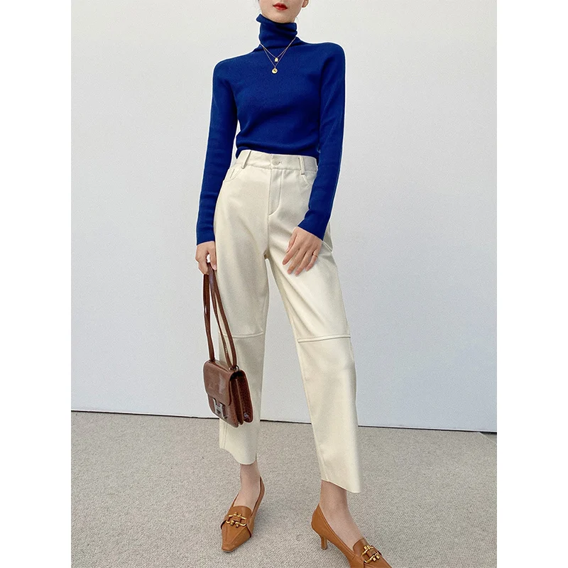 

High Waist Loose Fit Spliced Straight Leg eepskin Leather Pants Women's Casual Trousers Spring 2023 Sle Ele Commute