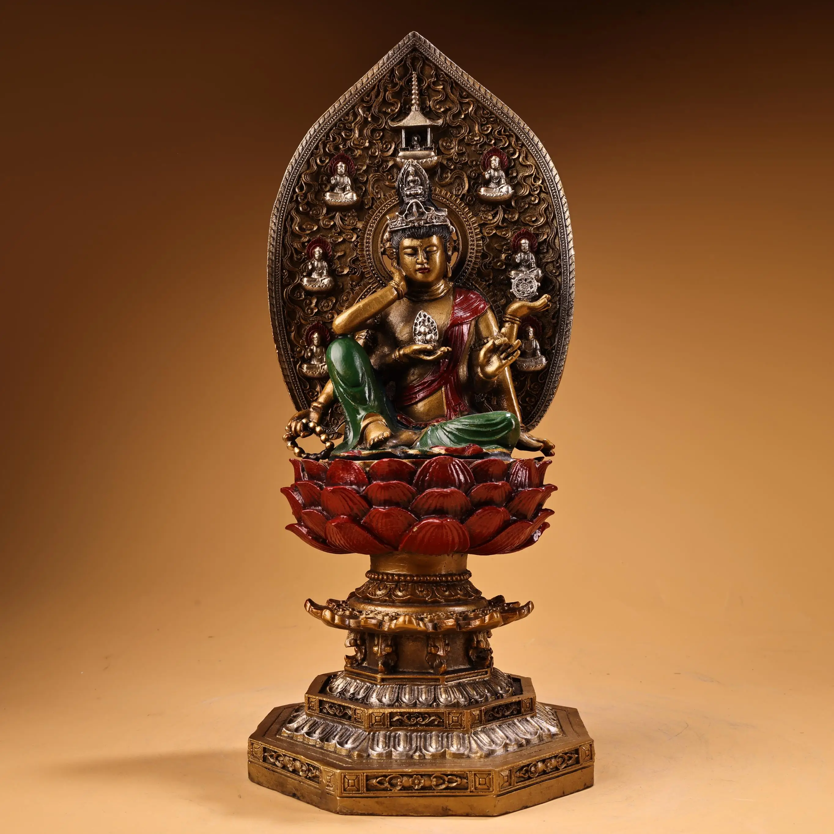 

Nepalese Temples Old Bronze Painted High Relief Six arms Ruyi Guanyin Sitting Buddha Backlit Buddha Platform Worship Hall