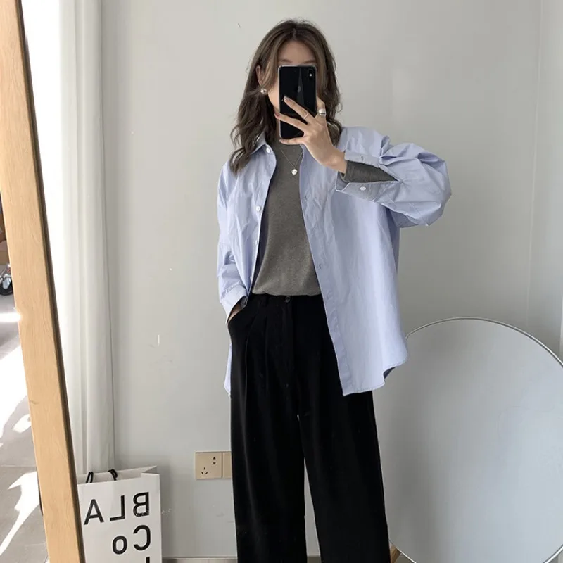 

Basic Shirts Women Pure Korean Style Spring Autumn Office Lady Student Elegant All-match Camisas Harajuku Feminino BF Loose Tops