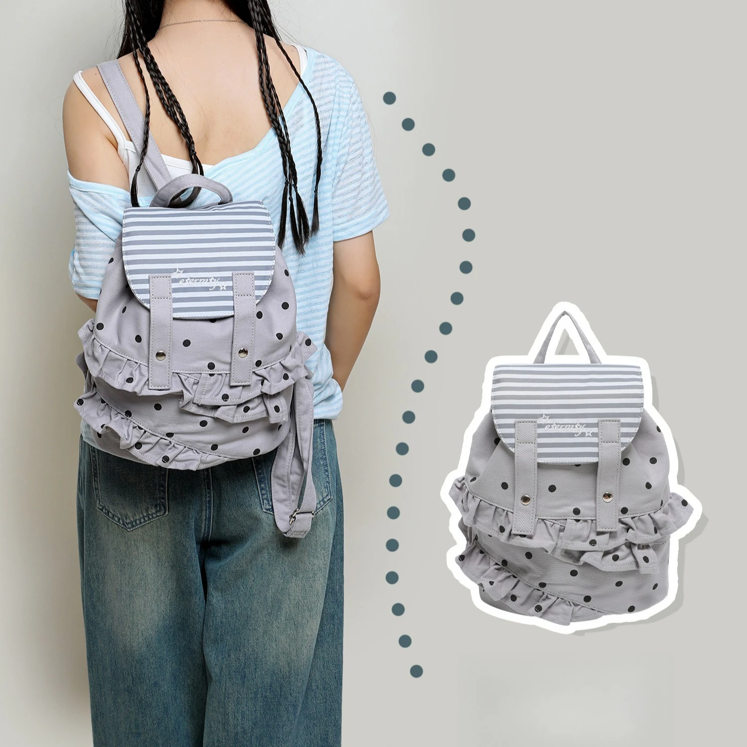 Wear-resistant canvas student schoolbag polka dot bump color ballet skirt edge pull rope clamshell small backpack lady