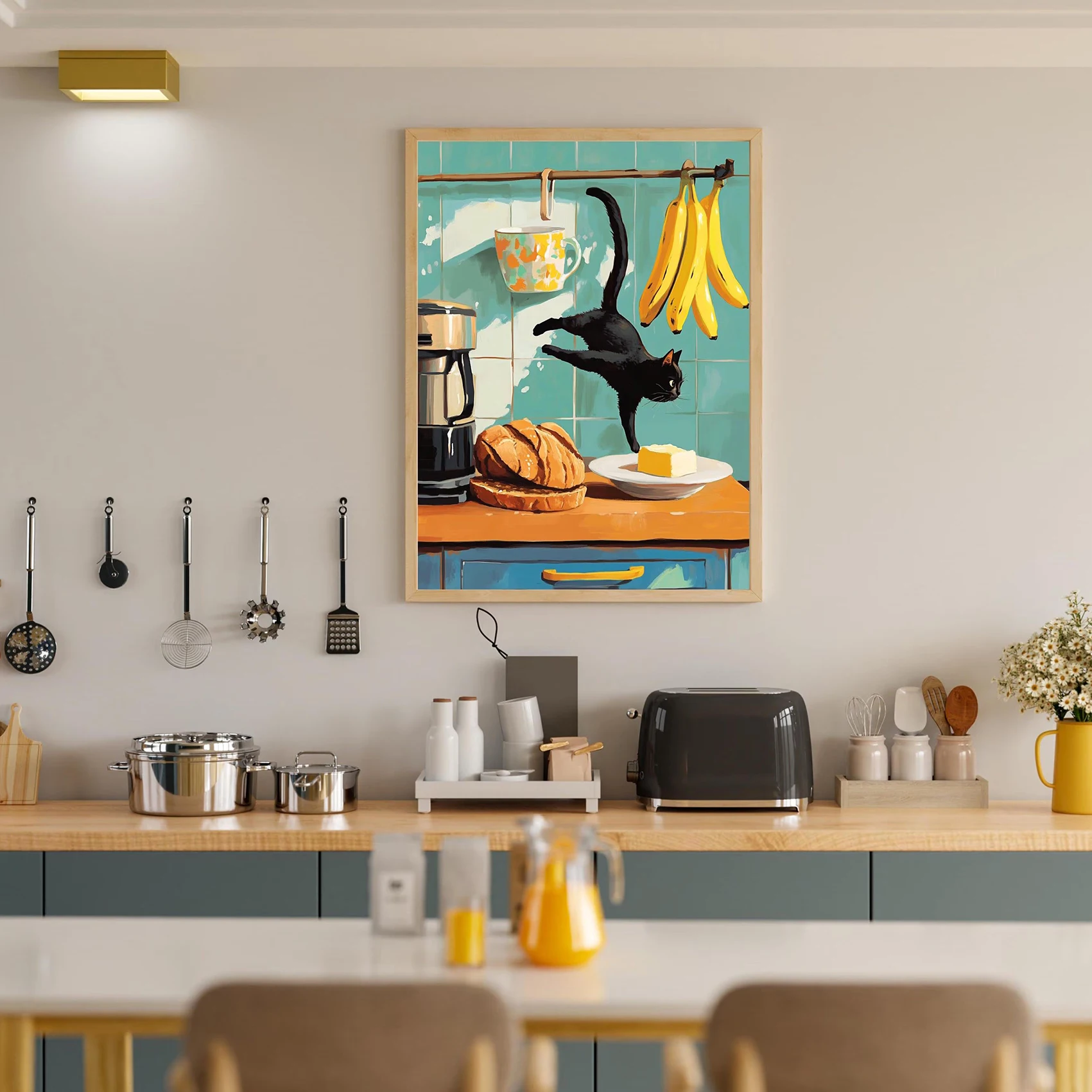 

Colorful kitchen wall prints Whimsical cat art prints Colorful kitchen decor canvas posters Vintage black cat kitchen wall art