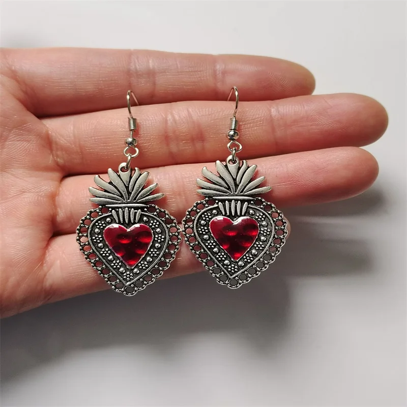 Mexican Sacred Heart Earrings, Milagro Dangle, Large and Silver Plated Charm, Gifts for Women