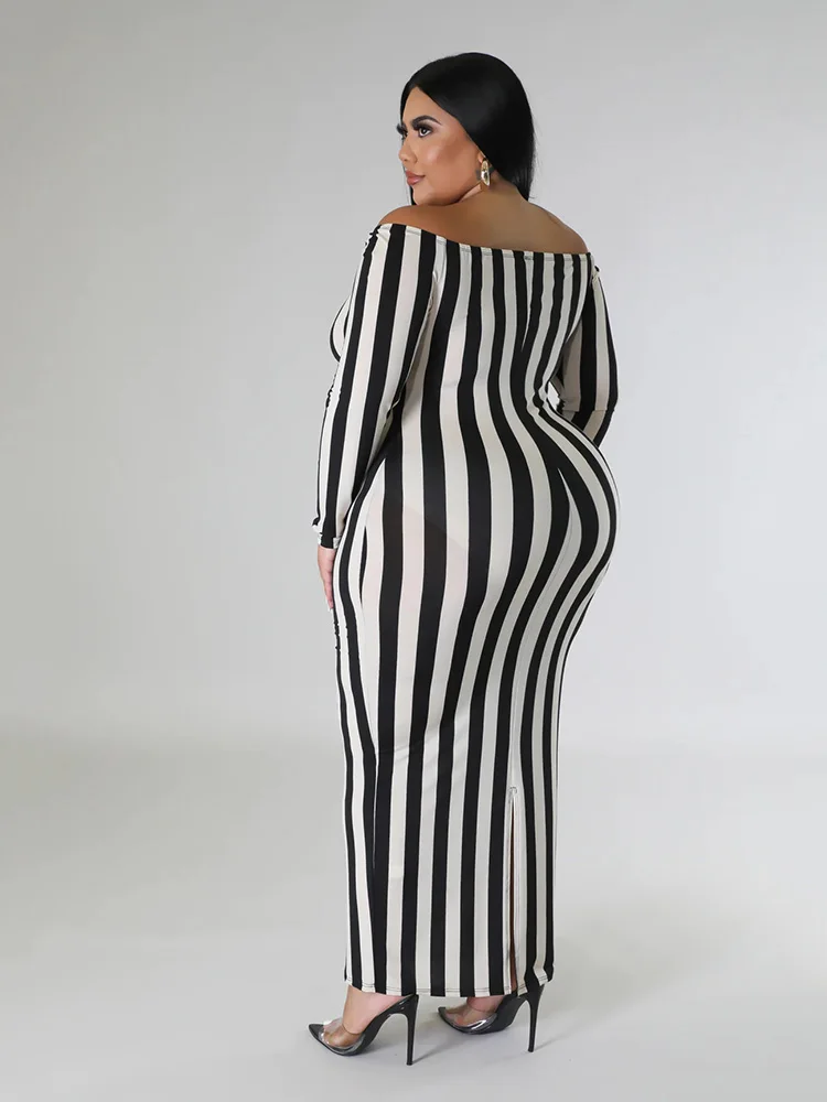 Cheap Women Plus Size Maxi Dresses 2023 New Summer Casual Elegant Off Shoulder Long Sleeve Print Stripe Bodycon Holiday Clothing