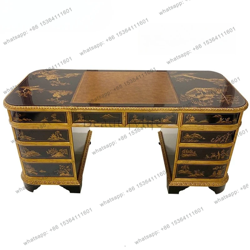 Hand-painted desk villa classical peach blossom core solid wood writing desk retro boss table president computer desk