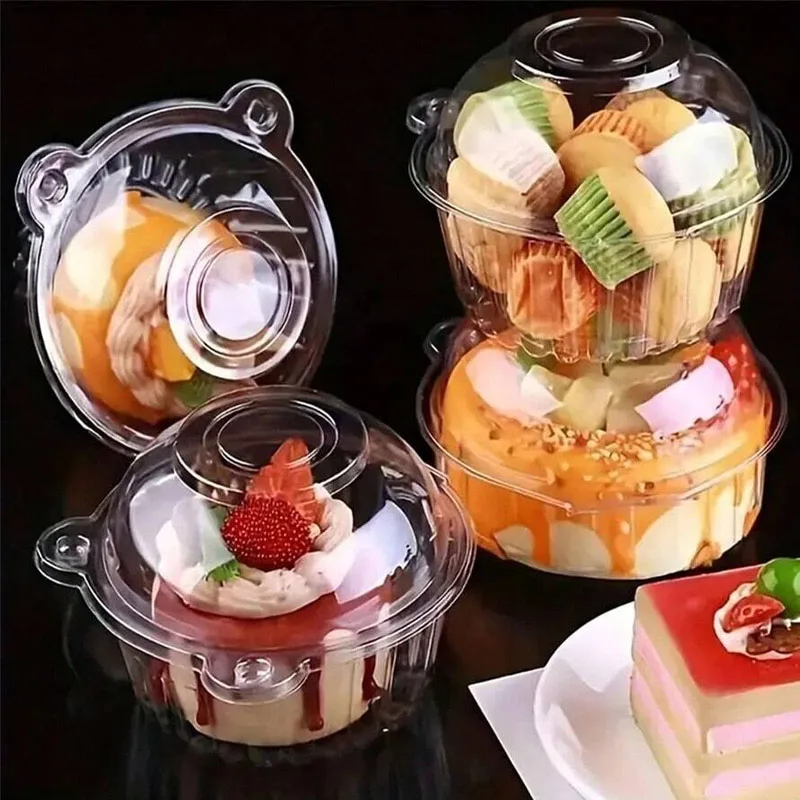 

100 шт., прозрачная пластиковая коробка для чашек для торта, маффин, десерт, флип-коробка для кексов, милый мультяшный круглый контейнер для упаковки печенья, фруктового мороженого