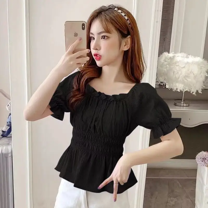 Women Summer French Fashion Diamonds Solid Color Satin V-neck Short Sleeve Shirts Women Clothes Office Lady All-match Trend Tops