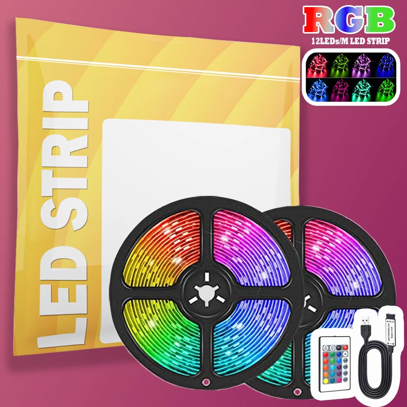 DC5V SMD 5050 RGB LED Strip Lights, 24 Keys Remote Control Color Changing Flexible Tape Lamps
