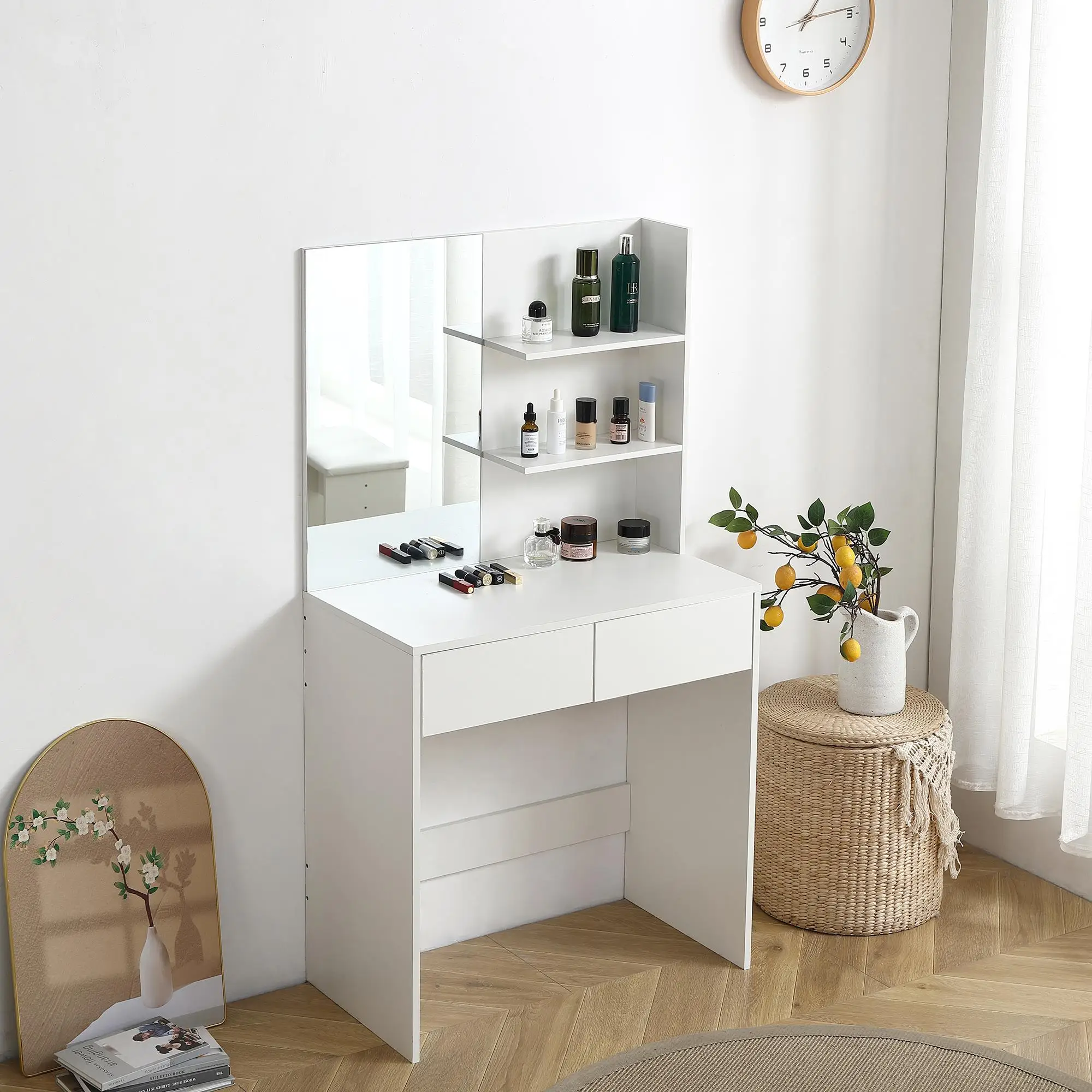 White Vanity Desk with Mirror & 2 Drawers - Stylish Dressing Table for Makeup & Storage