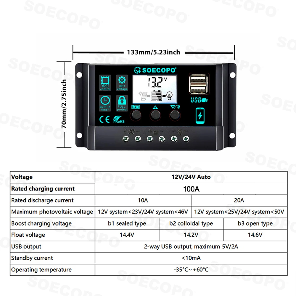SOECOPO 30000 واط مجموعة النظام الشمسي 200 واط لوحة العاكس (2 مآخذ) مدخلات الجهد المزدوج 12 فولت/24 فولت إلى 110 فولت/220 فولت 100A تحكم التخييم