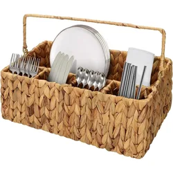 Hand Woven Storage Baskets Kitchen Party Utensil Holder Picnic Basket Rectangular Container Organizer 3 Grids with Handle