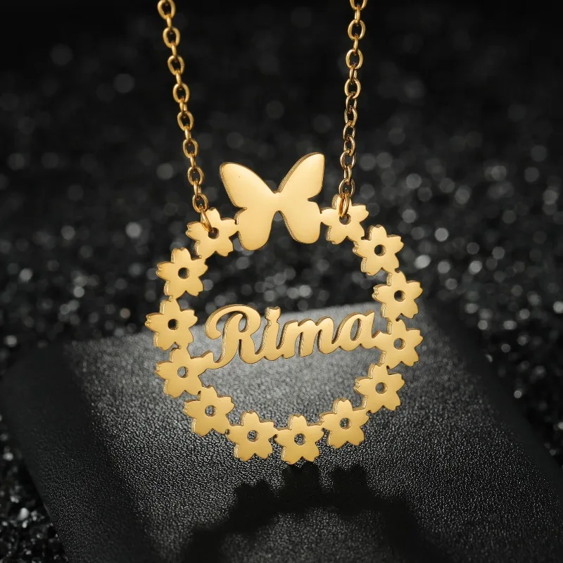

Custom Name Necklace /Brooch Jewelry Set Personalized Round Flower Butterfly Stainless Steel for Women Birthday Gifts