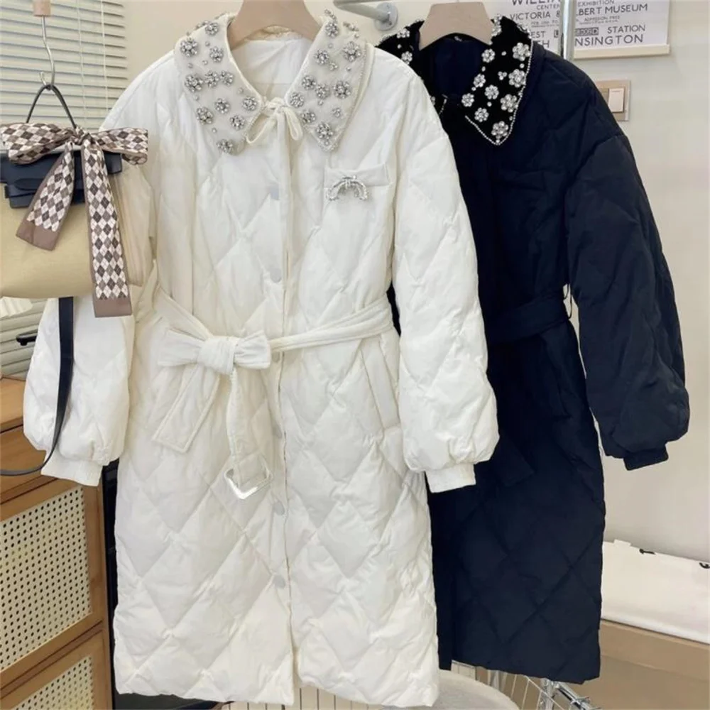 

New round neck diamond bow knot white black long casual down jacket female winter women
