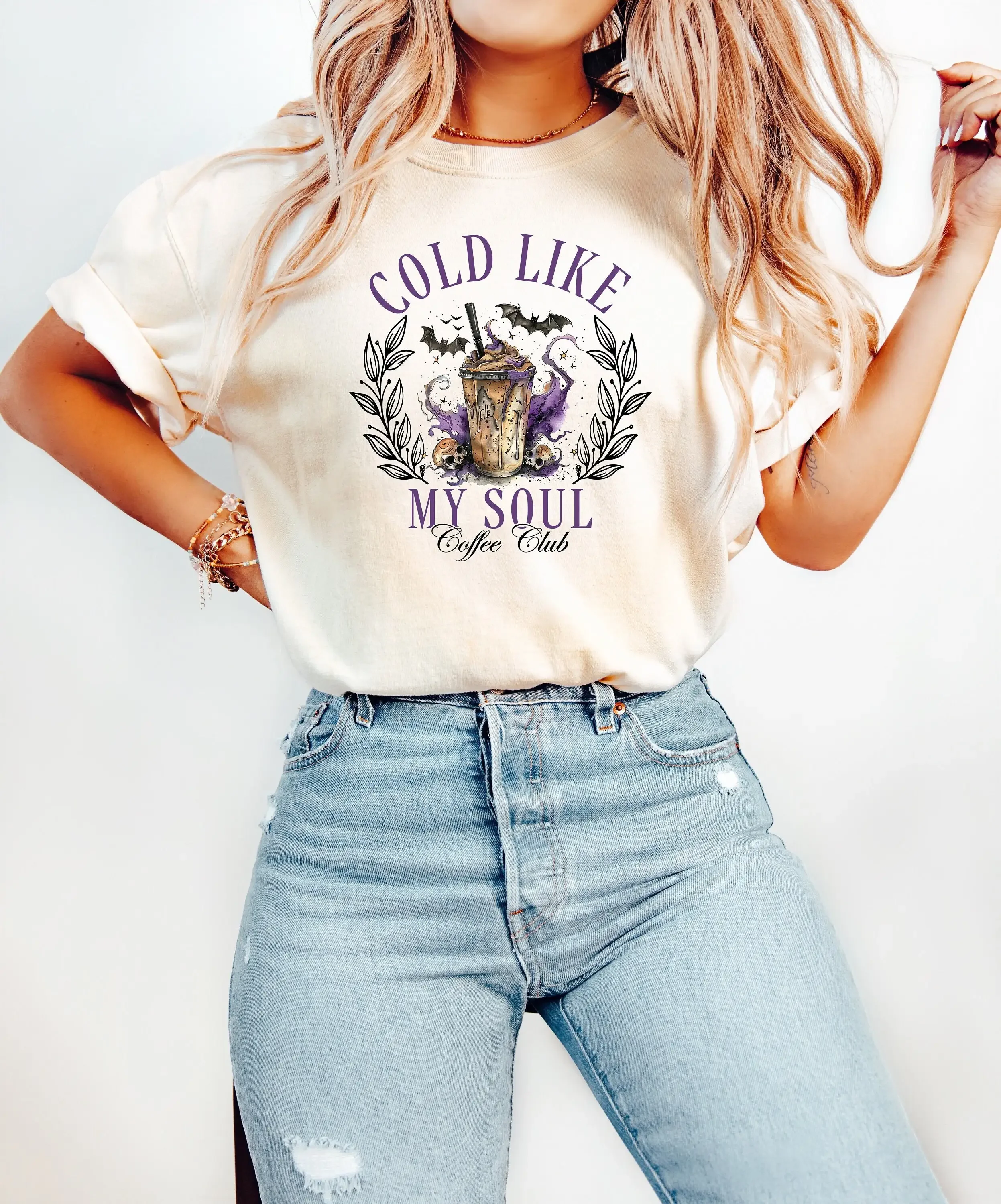 

Футболка Cold Like My Soul Halloween Comfort Colors, винтажная милая футболка в стиле ретро для кофейного клуба, осень-осень
