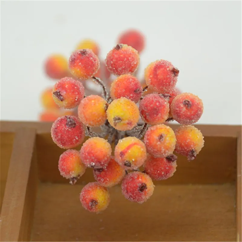 40pcs/80heads Mini Artificial Fruit Fake Double Heads Glass Berries Red Cherry Bouquet Stamen For Wedding Christmas Decorative