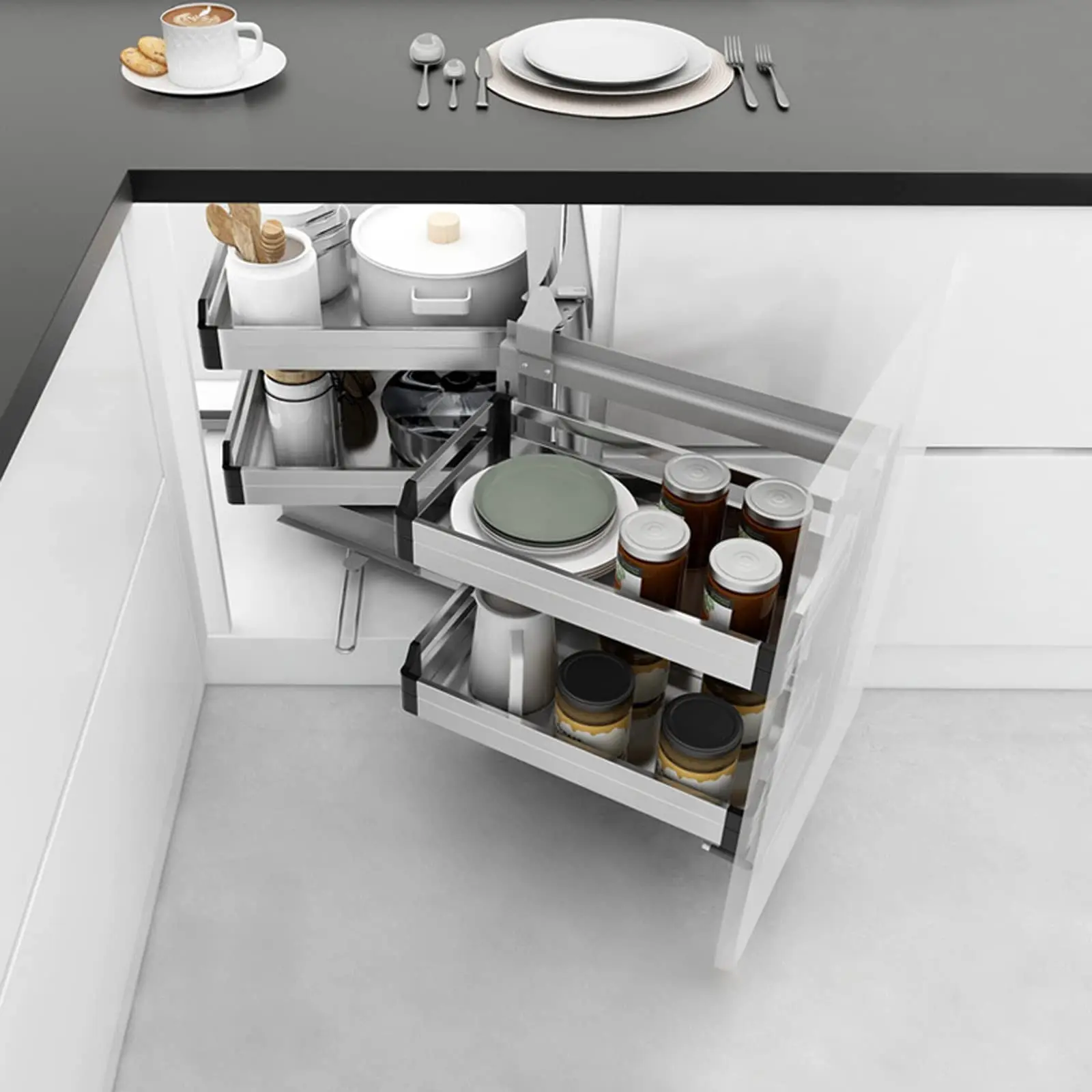 خزانة زاوية عمياء يمين قابلة للسحب، منظم خزانة أعمى محسن الزاوية قابل للتعديل، إغلاق ناعم من الكروم لمطعم المطبخ #2