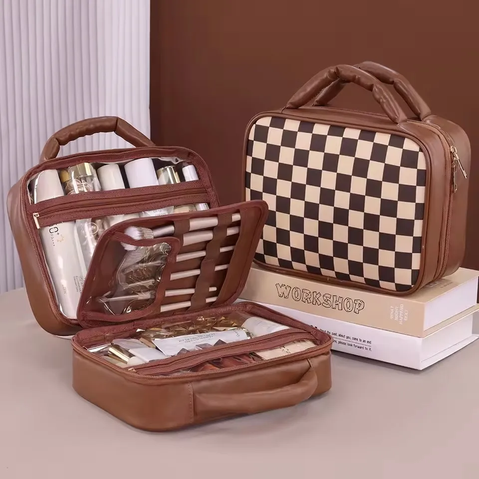 Large Capacity Portable Women's PU Grid Melody Cosmetic Storage Box Travel Makeup Bag High-end Feel Multi-compartment Wash Bag