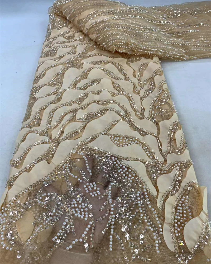 Luxury Nigerian Sequins Lace Fabric 2024 High Quality African Beads Lace Fabrics French For Wedding Party Dress Sewing