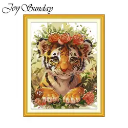 Joy Sunday Tiger With Flowers HD Pattern Cross Stitch Kits Aida 16/14CT Counted Printed Fabric Canvas DIY Embroidery Sewing Set
