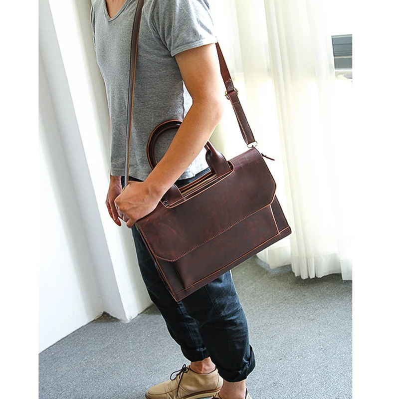 Maleta de couro PU vintage para homens, tablet Crazy Horse, couro de vaca, crossbody executivo, bolsa de escritório, ombro, bolsa mensageiro