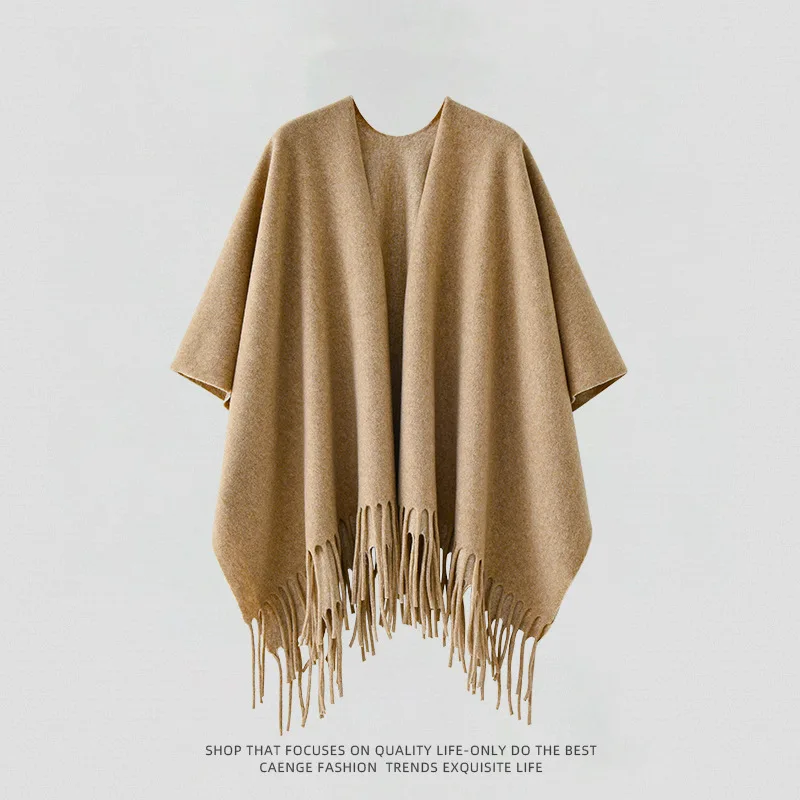 

Autumn and Winter Solid Color Outerwear Cloak Imitating Wool Split Shawl Warmth and Cold Protection High-end Feeling Cape