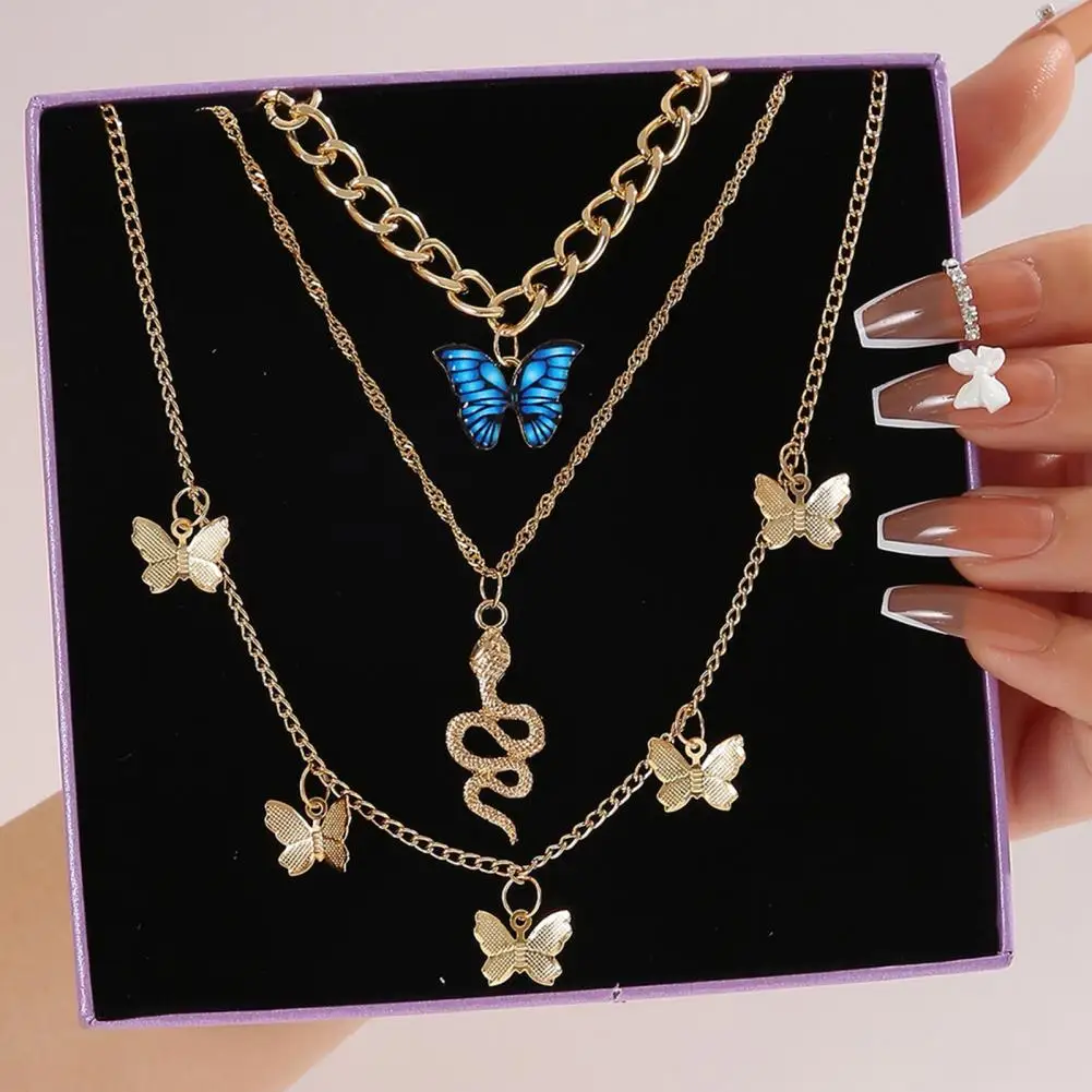 Butterfly Pendant Necklace Snake Pendant Jewelry Three-layered Hollow Chain Necklace with Butterfly Snake Pendants for Wear