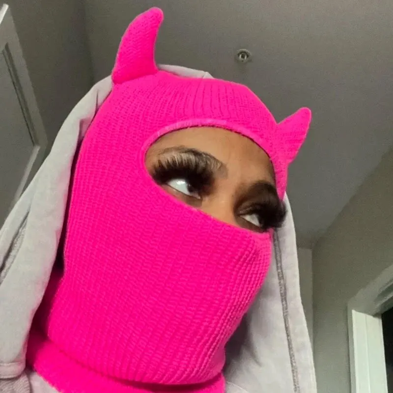 Halloween Hip Hop Personality Horns Devil Knitted Hat Winter Riding Neck Mask Boys and Girls Funny Bare Hood Hats