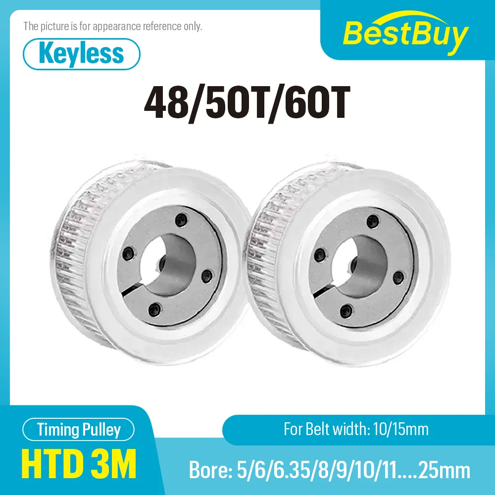 

48T/50T/60Teeth HTD 3M Timing Pulley Keyless Bushing Bore 5/6/6.35/8/9/10....25mm for Belt Width 10/15mm