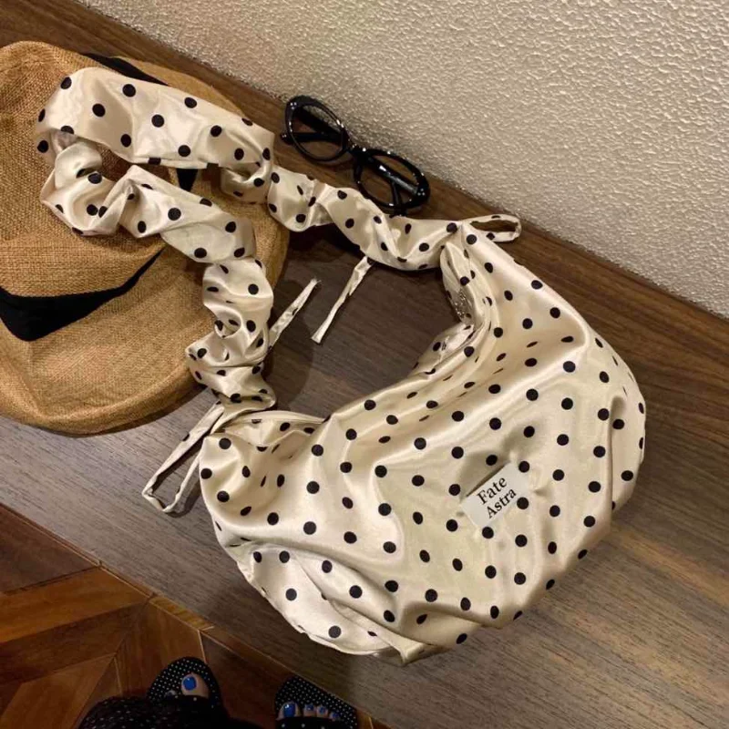 

Polka Dot Satin Cloud Hobo Bag With Ruched Strap Shiny Glossy Finish Sweet Cute Style Women Date Trendy Shoulder Crossbody Bag