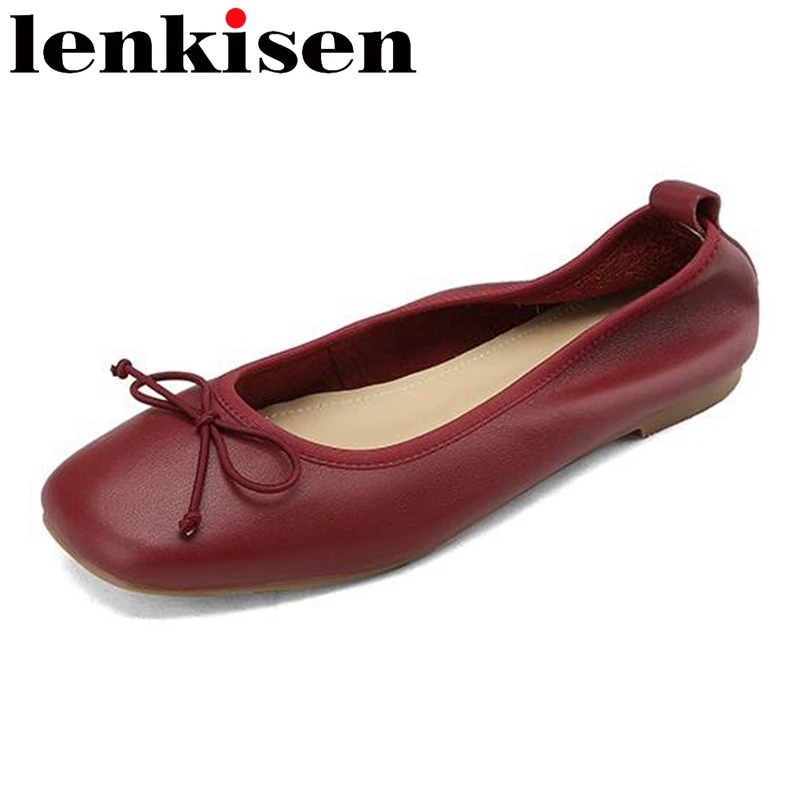 

Lenkisen Cow Leather Round Toe Low Heels Ballet Shoes Butterfly-knot Solid All-match Mature Concise Style Slip on Brand Flats