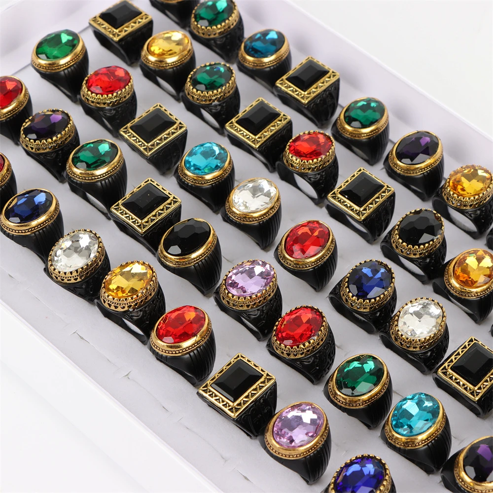 20Pcs/Lot Fashion Vintage Imitation Gemstone Glass Rings For Men Women Mix Color Style Retro Jewelry Party Gifts