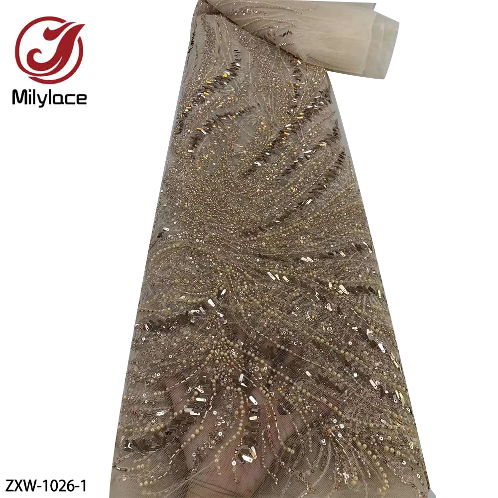 

African Lace Sequins Beaded Embroidery Fabric High Quality French Tulle Lace Fabric for Wedding ZXW-1026