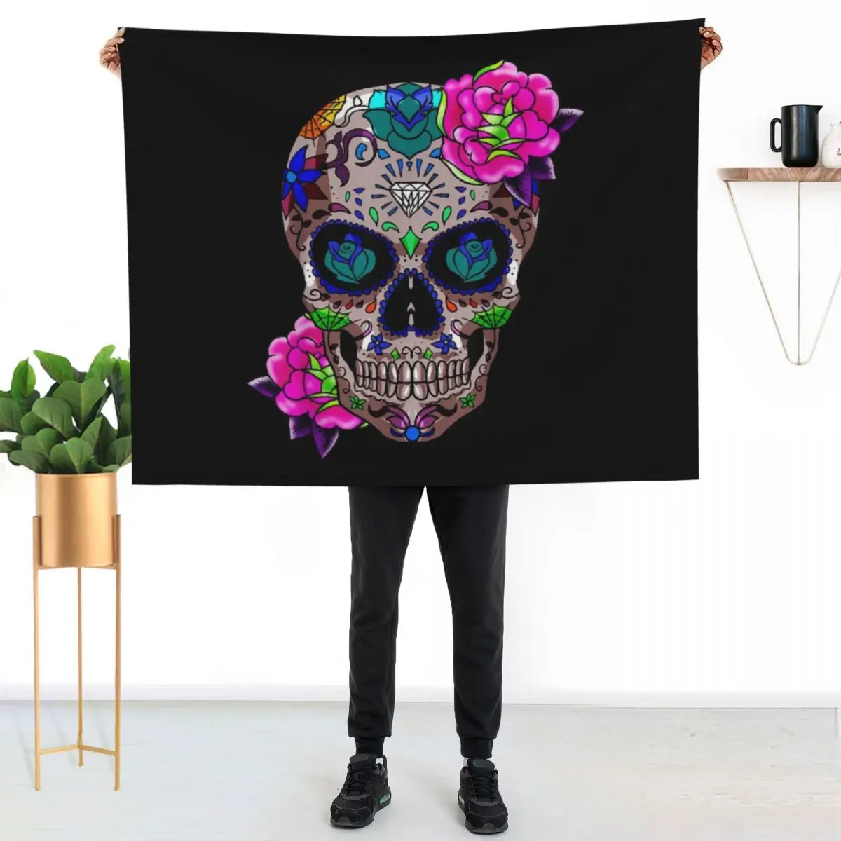 Sugar Skull Day Of The Dead Cool Bone Head Skulls Gift Idea Throw Blanket Bed Fashionable manga wednesday Blankets