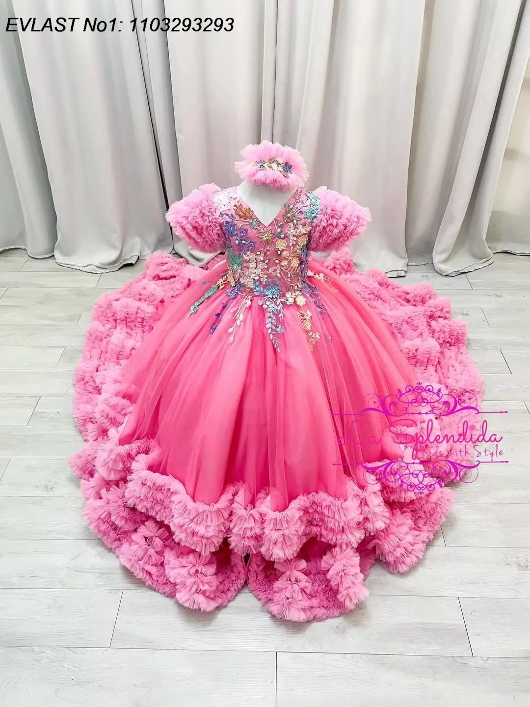 EVLAS Customized Pink Girl's Birthday Party Dress Beading Floral Tiered Ruffles Flower Girl Dress Princess Pageant Gown TFD183