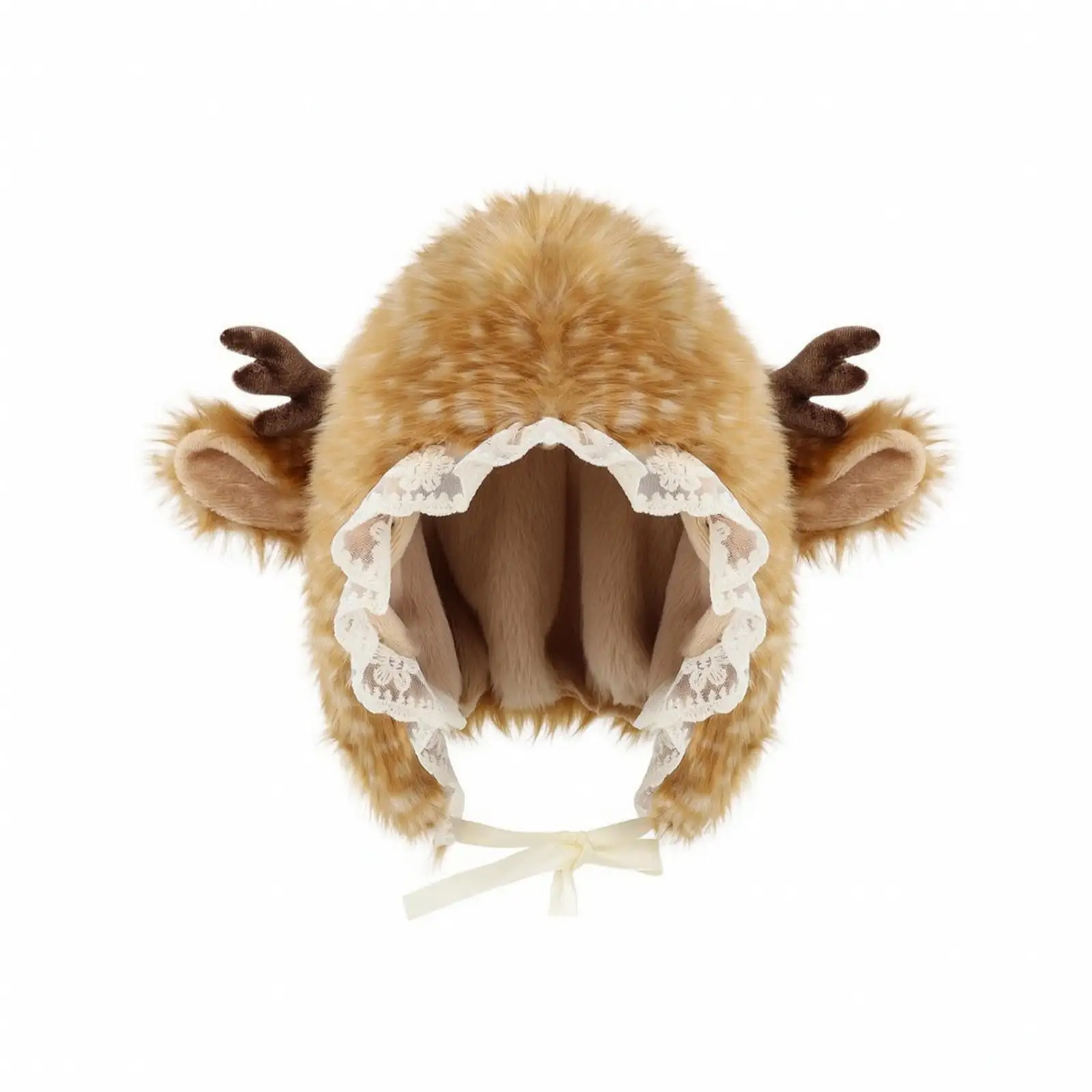 Whimsical Winter Ear Hat Cartoon Deer Antler Beanie Acrylic Soft Fleece Lined Cap with Tie Straps for Women Men Travel Warm