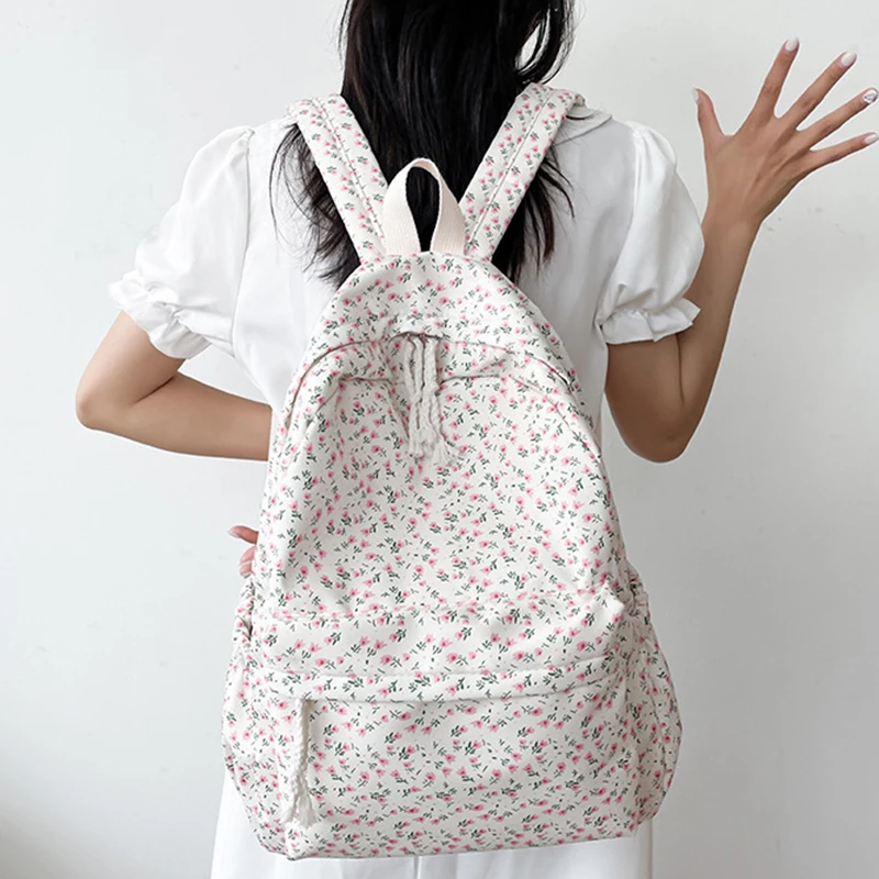 Korean Version Nylon Floral Backpack School Flower Fashion Backpack Junior High School Backpack Travel Bag