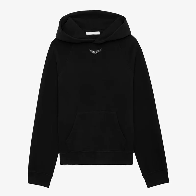 Zadig Black Hooded Sweatshirt Female Fashion Sleeve Letter Hoodies Women Wing Diamond New Pullovers Loose Fleece Hoodie 2024