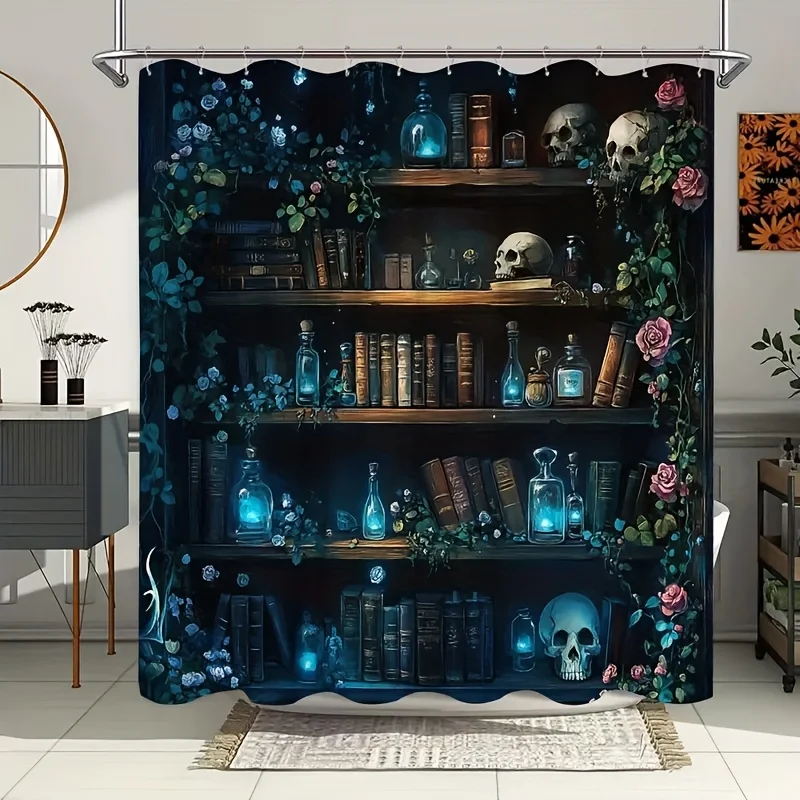 Witch Library Shower Curtain, Vintage Books Glowing Potions Skulls and Dark Roses, Waterproof Curtain for Home Bathroom Decor