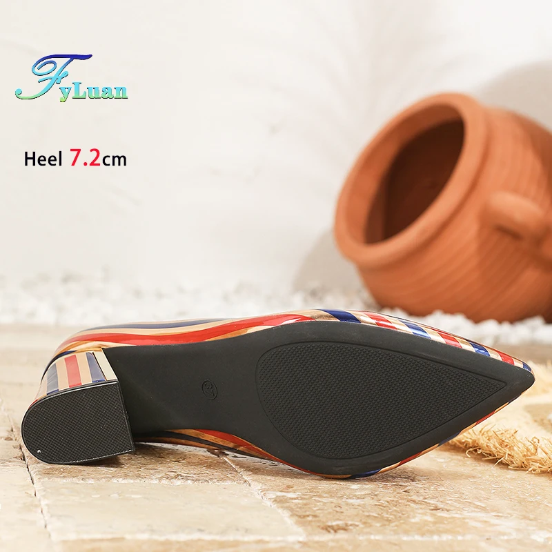 7CM Block Heel Spring Women Shoes Color Stripes Pointed Toe Single Shoes 2025 Fashion Female Outdoor High Heels Pumps Rozmiar 45 46